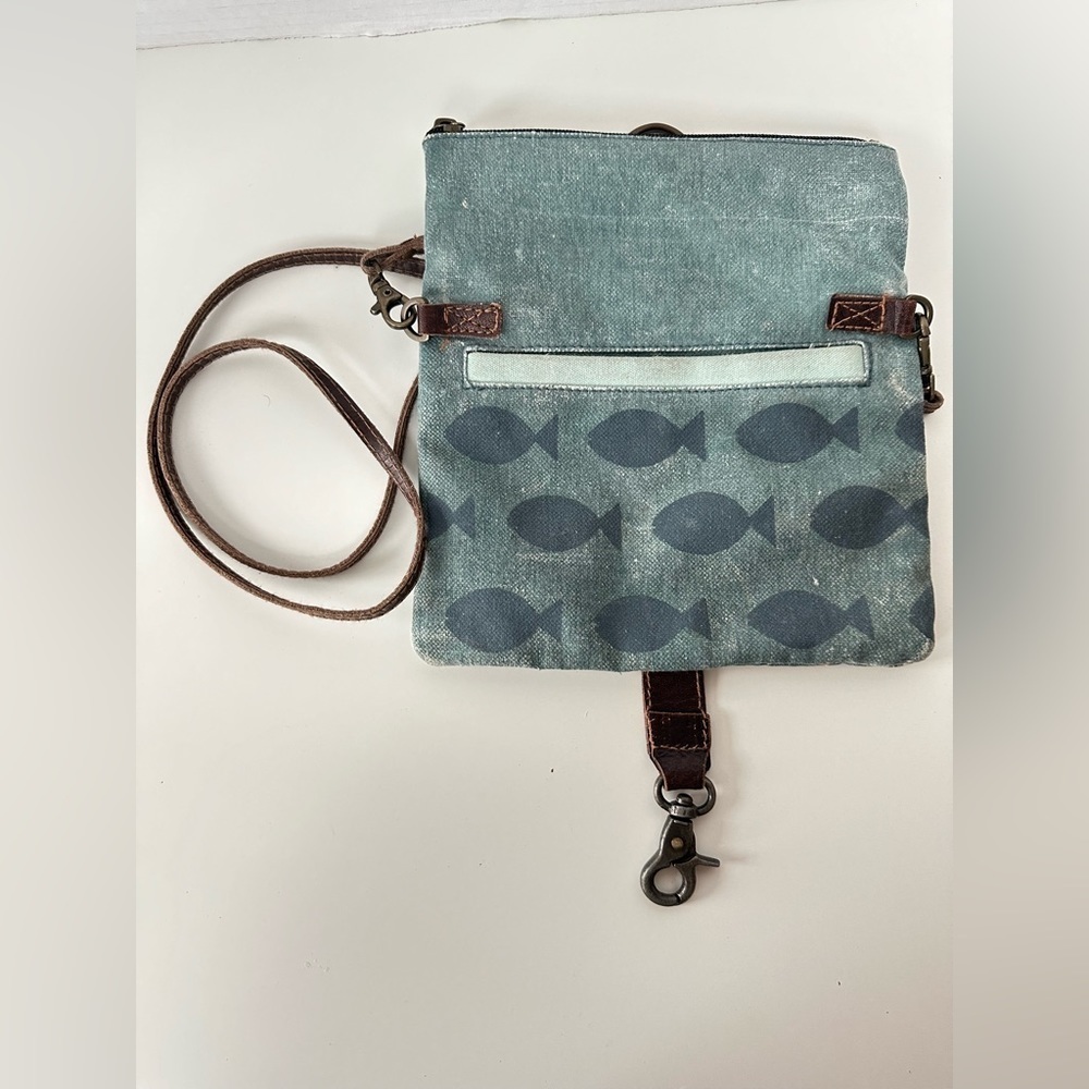 Mona B Upcycled Canvas Leather Strap Crossbody Bag Fish Print Boho  Clutch Purse - Picture 4 of 7